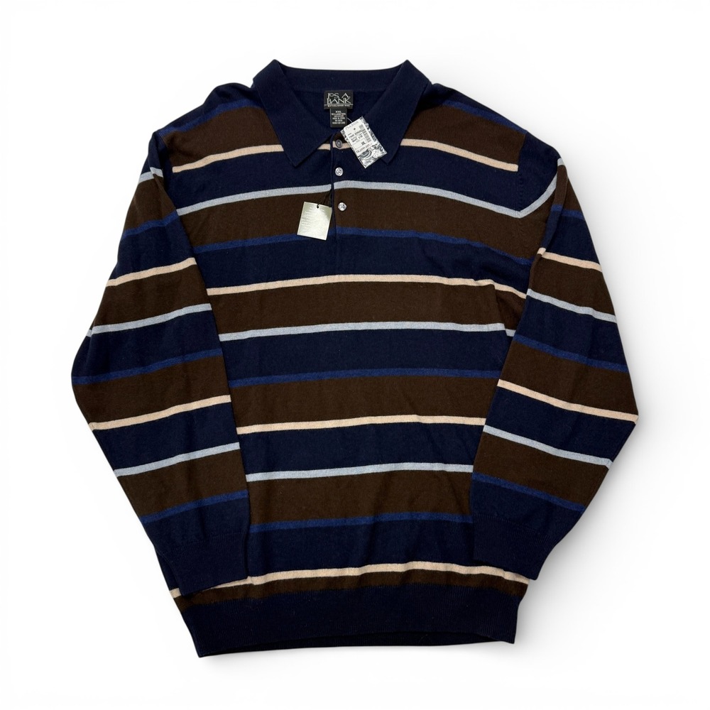 Jos A Bank Lambswool Wool Striped Polo Sweater Mens XXL Navy Blue‎ Brown NWT